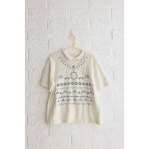 Vintage Cottagecore Floral Collared Knit Top Cream Blue Prairie Coquette Shirt